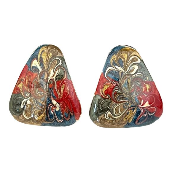 Vintage Designer Earrings Handpainted Shimmer Enamel 1980s Clip On 2X - Picture 1 of 3